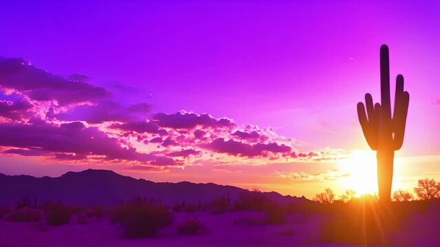 A lone cactus stands tall against a sky filled with deep purples and oranges giving the illusion of a mirage in the desert at sunset.