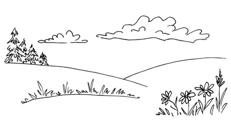 Summer nature, landscape. Flowers and grass, fir trees and hills on the horizon, clouds in the sky. Simple hand drawn vector illustration with black outline. Sketch in ink.