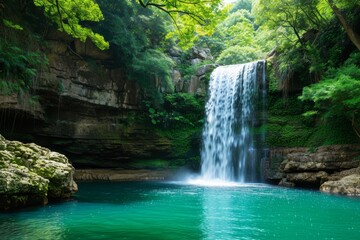 A majestic waterfall cascading into a tranquil pool, surrounded by vibrant green foliage.