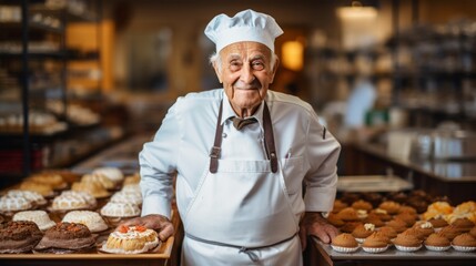 A close-up portrait of a contented male baker of 80 years old in a chef's hat and apron, standing against the background of a bakery. An experienced man prepares delicious fresh bread and pastries.