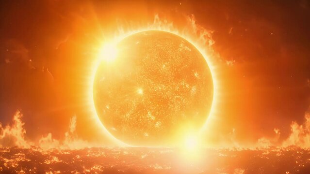 As the meteorologist speaks about a heatwave a hologram of a scorching sun appears and starts to radiate heat waves.