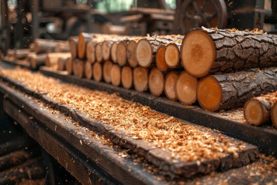 Logs and wood waste in a sawmill processing raw materials for various uses, deforestation and logging image
