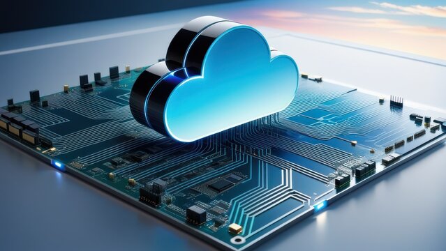Cloud computing and data management concept with abstract cloud hovering between circuits.  generative, ai.