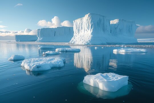 Majestic icebergs float in chilly waters creating a stunning frozen landscape of natural beauty and serenity, melting glaciers and icebergs picture