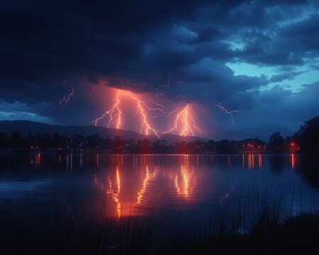 Lightning strikes over a lake at dusk illuminating the dark sky with a captivating display of nature power and beauty, extreme weather events picture