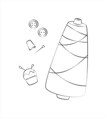 Set of sewing elements. Bobbin of thread, needle, buttons.