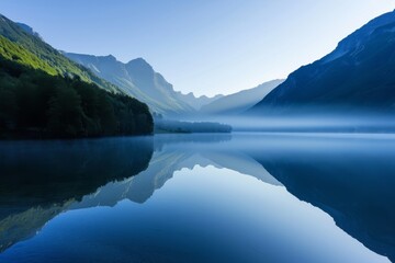 A serene alpine lake at dawn, with mist rising off the water and mountains reflected in the still surface - obrazy, fototapety, plakaty