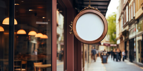 Blank circular storefront signboard with wooden frame hanging on a modern shop facade, ready for branding and mock-up design in an urban setting