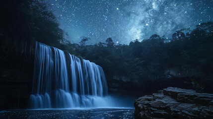 A moonlit waterfall under a starry sky creating a magical and ethereal ambiance.