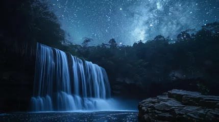 Selbstklebende Fototapeten A moonlit waterfall under a starry sky creating a magical and ethereal ambiance. © Melvin