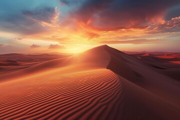 Fototapeta na wymiar A stunning landscape of a desert with towering sand dunes at sunset