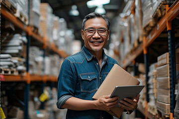  Asian businessman or business owner smiling holding a tablet and checking the stock and supplies in a warehouse