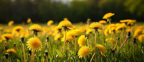 Obraz premium Springtime in nature is a meadow filled with yellow dandelions.