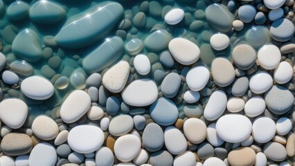 Creative background abstract image of white rounded smooth pebble stone under transparent water with waves. Backdrop sea bottom pattern surface. Top view.  generative, ai.