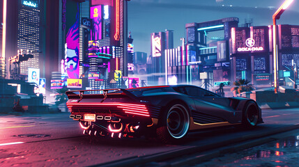 A neon-lit sports car in a futuristic cityscape at night.