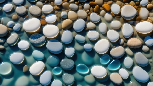Creative background abstract image of white rounded smooth pebble stone under transparent water with waves. Backdrop sea bottom pattern surface. Top view.  generative, ai.
