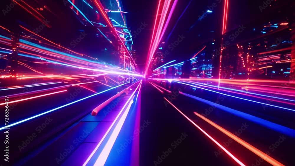 Poster neon light beams intersecting and bouncing off each other in a mesmerizing neon dance.