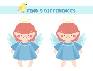 Angel. Find 5 differences. Educational game for children. Vector illustration.