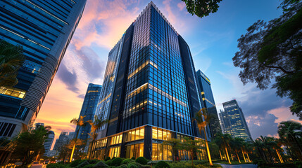 A panoramic view of a high-rise corporate office building at dusk.