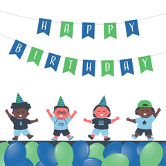 Birthday boys party. Greeting Card template. Invitation template. Cute children dance. Bright Flags Happy Birthday. Diverse Group of little kids have fun. Happy baby boys. Blue Green balloons. Vector