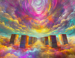 fantasy landscape of cloud shaped like servers in the sky, psychedelic background, and vibrant colors. Generative Ai