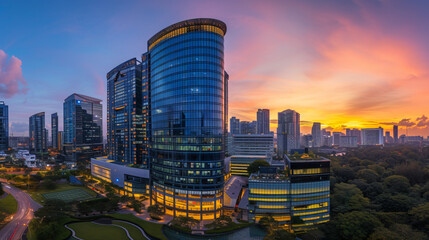 A panoramic view of a high-rise corporate office building at dusk. - obrazy, fototapety, plakaty