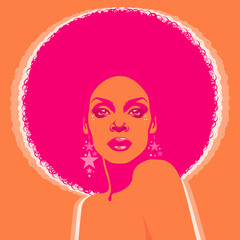 Beautiful woman with afro style curly hair, acid and psychedelic colors. Poster music soul, funk or disco style 60s or 70s