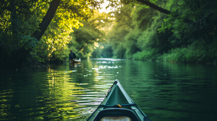 A peaceful kayaking journey along a serene river surrounded by lush greenery.