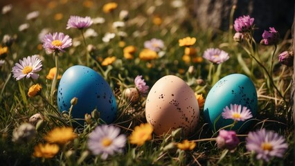 Obraz na płótnie Canvas Easter eggs among wildflowers. generative, ai.