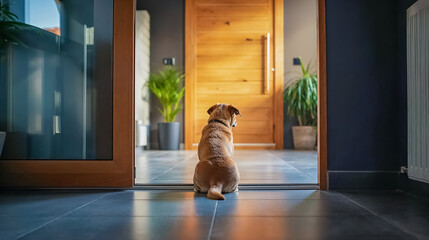 un chien attend ses maîtres en fixant la porte d'entrée de la maison - obrazy, fototapety, plakaty