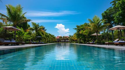 Fototapeta premium Luxurious beach resort with swimming pool and beach chairs or loungers under umbrellas with palm trees and blue sky.
