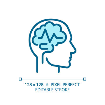 Epilepsy brain light blue icon. Seizure medical condition. Cognitive development. Geriatric neurology. RGB color sign. Simple design. Web symbol. Contour line. Flat illustration. Isolated object