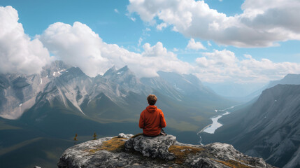 A person sitting atop a mountain gazing at the vast landscape with a sense of achievement. - obrazy, fototapety, plakaty