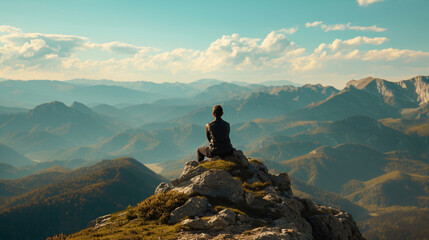 A person sitting atop a mountain gazing at the vast landscape with a sense of achievement.