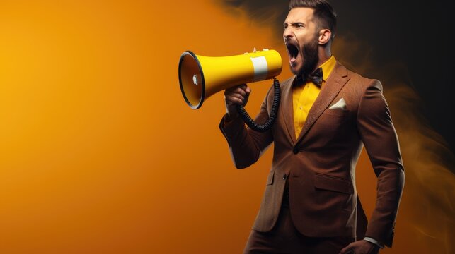 Big sale. Emotional portrait of marketing professional with megaphone.