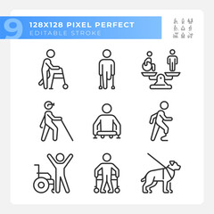 People with amputation linear icons set. Prosthetic limb, special needs. Equality and diversity. Customizable thin line symbols. Isolated vector outline illustrations. Editable stroke