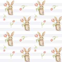 Cute bunny seamless pattern. Watercolor rabbit with tulip. Vector backgrounds in pastel colors