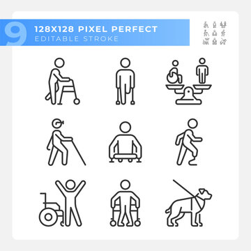 People with amputation linear icons set. Prosthetic limb, special needs. Equality and diversity. Customizable thin line symbols. Isolated vector outline illustrations. Editable stroke