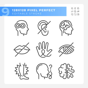People with perception disorders linear icons set. Cognitive development, brain damage. Mental wellness. Customizable thin line symbols. Isolated vector outline illustrations. Editable stroke