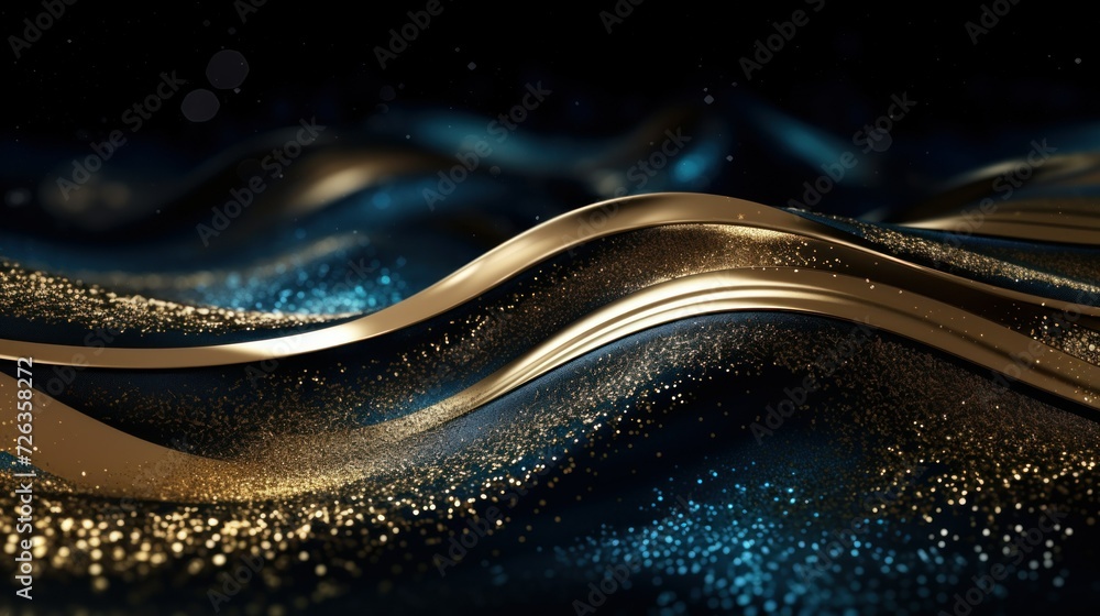 Poster abstract image depicting waves of blue silk fabric interspersed with a cascade of golden particles, 