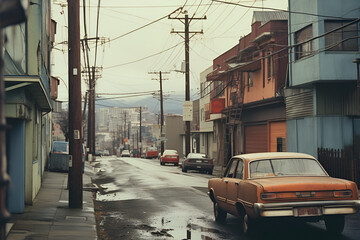 Vintage City Street with Wooden Poles & Classic Cars