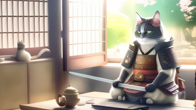 Cat samurai in traditional armor with katana. Japanese styled illustration with kitten warrior in kimono