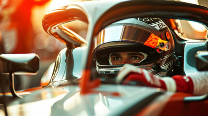 A race car driver gearing up in a Formula 1 car moments before the race.
