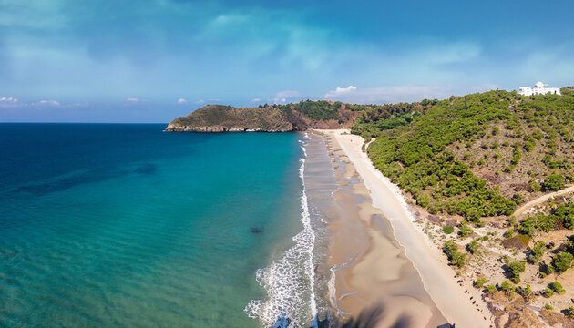 Aerial image lonely paradisiacal beach. matio is a relaxing destination