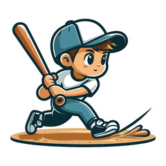 Happy cute little boy playing baseball softball in action cartoon vector illustration, hitter swinging with bat design template isolated on white background