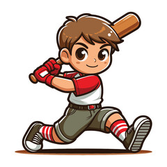Happy cute little boy playing baseball softball in action cartoon vector illustration, hitter swinging with bat design template isolated on white background