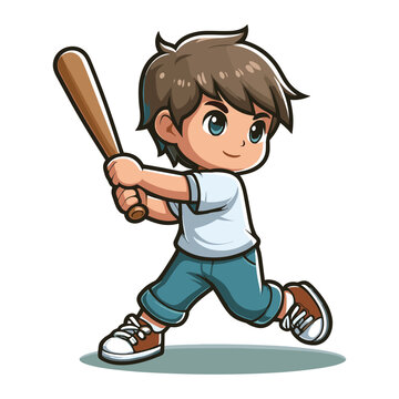 Happy cute little boy playing baseball softball in action cartoon vector illustration, hitter swinging with bat design template isolated on white background