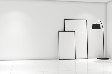 Modern living room with 2 frames mock up on the wall. Design 3d rendering of gray and white images. Design print for illustration, presentation, mock up, interior, cover, zoom background. Set 5