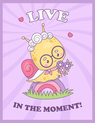 Funny groovy snail character elderly grandmother. Cute insect old woman with flowers on rainbow in retro style. Trendy vector illustration. Cool vertical bright poster with slogan in 70s style.