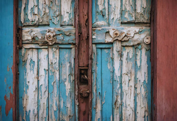 A weathered wooden door with peeling paint